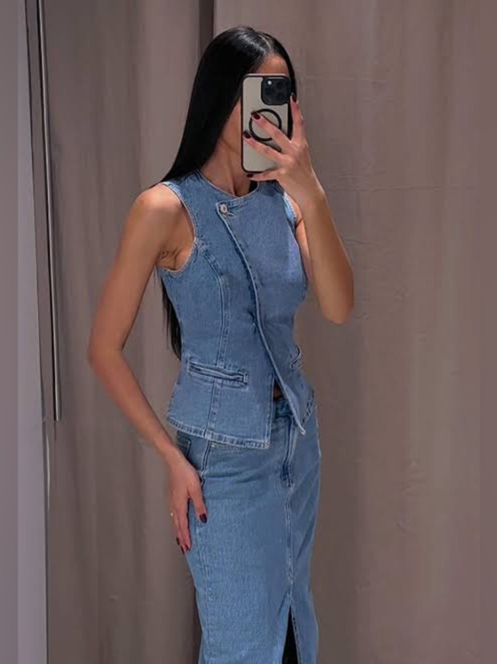 Zara Sleeveless Light Blue Denim Vest and Skirt Set